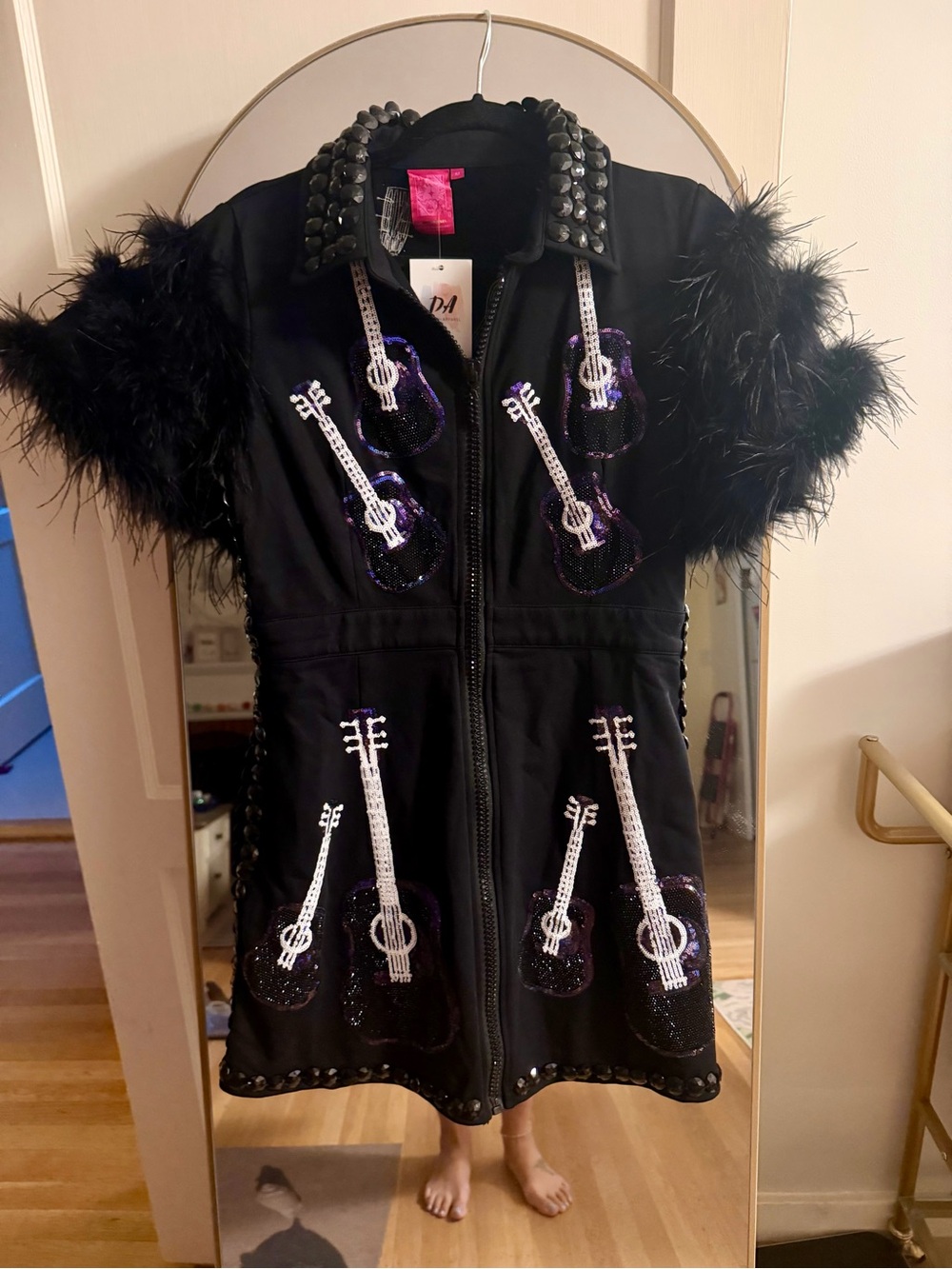 BNWT Queen of Sparkles x Denash Apparel Black Sequin Guitar Mini Dress - Picture 2 of 3